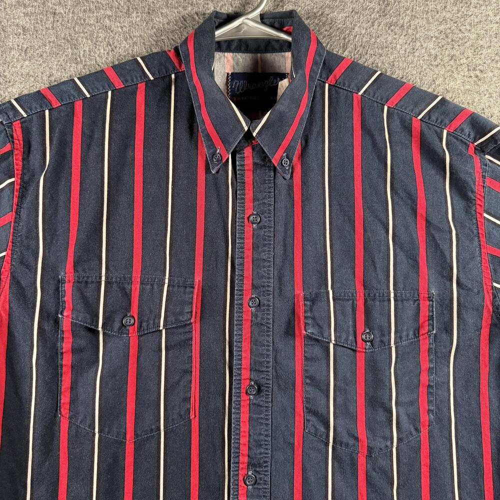 VTG Wrangler Shirt Mens Large Blue Red Striped Western Button Down Long Sleeve